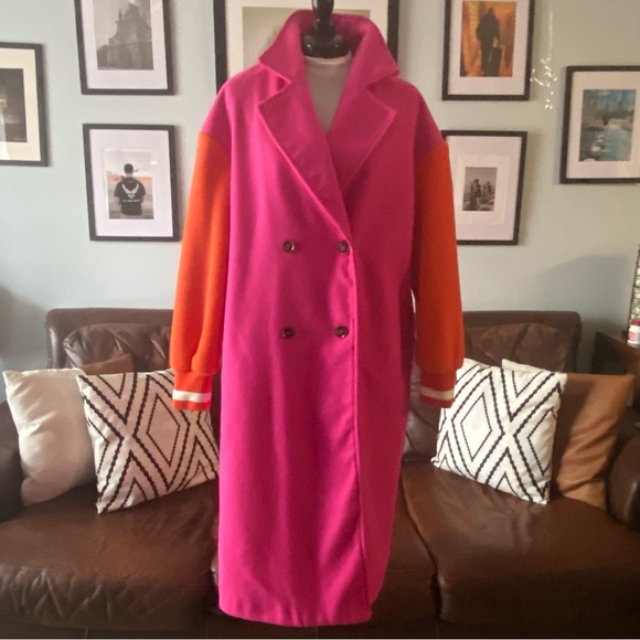 Pink/orange colorblock double-breasted coat, Medium Size 8/10 - Picture 3 of 10